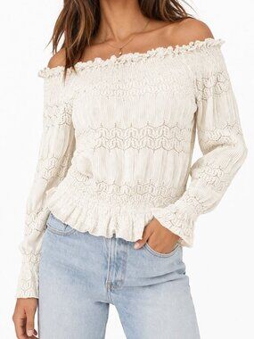 She & Sho Lace Smocked Off Shoulder Blouse Cream Boho Cottagecore S